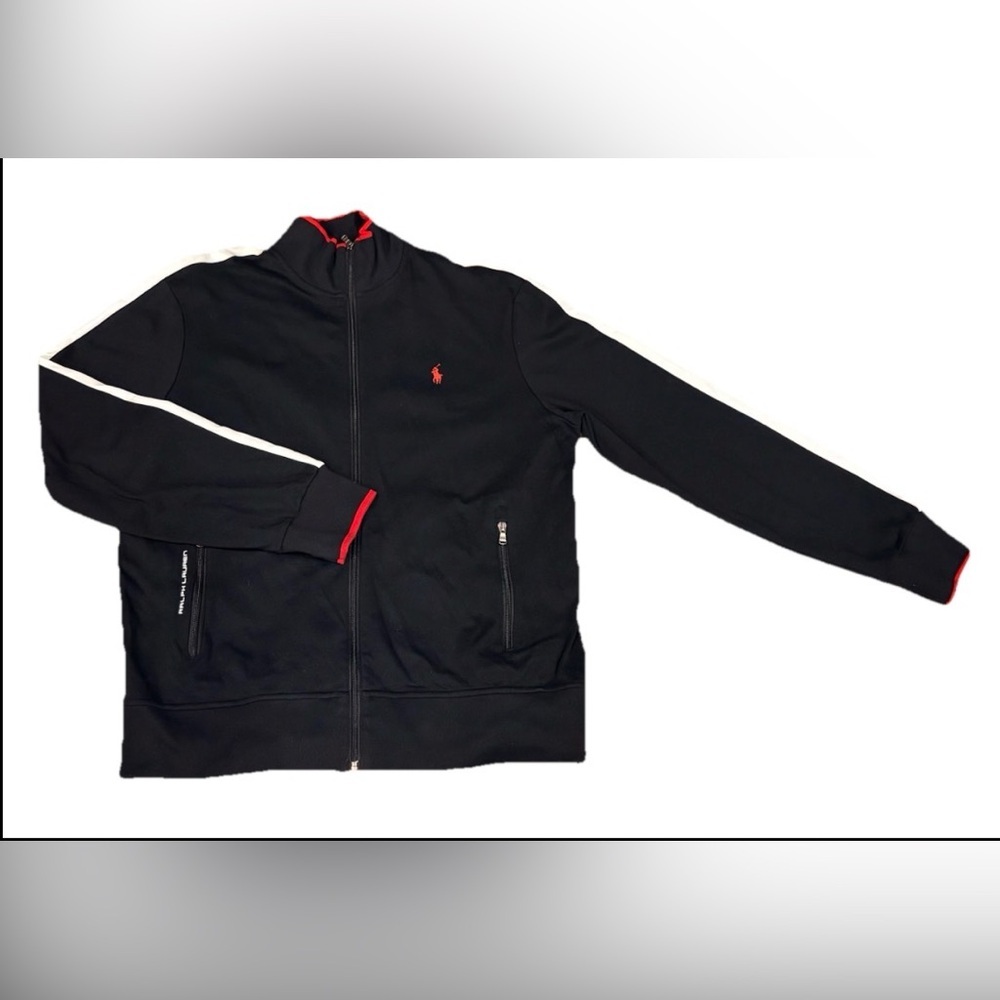 Polo Ralph Lauren Interlock Track Jacket Black White Stripe Mockneck Full Zip L - Picture 2 of 12